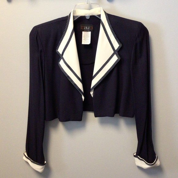 J.S.J. Petites Navy Blue sleeveless dress w/matching jacket w/white trim - Picture 3 of 11